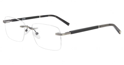 “Jones New York VJOM384 men's rectangle metal eyeglasses in Gunmetal — 3-piece screw rimless construction.”
