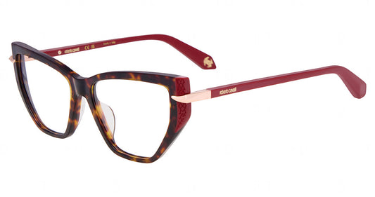 Roberto Cavalli VRC198V women's cat-eye plastic full-rim eyeglasses in Havana and Red with a mottled front, red temples and gold-tone side accents.

