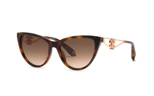 Roberto Cavalli SRC158M women’s butterfly sunglasses in Havana Brown with brown gradient lenses and decorative openwork temples.

