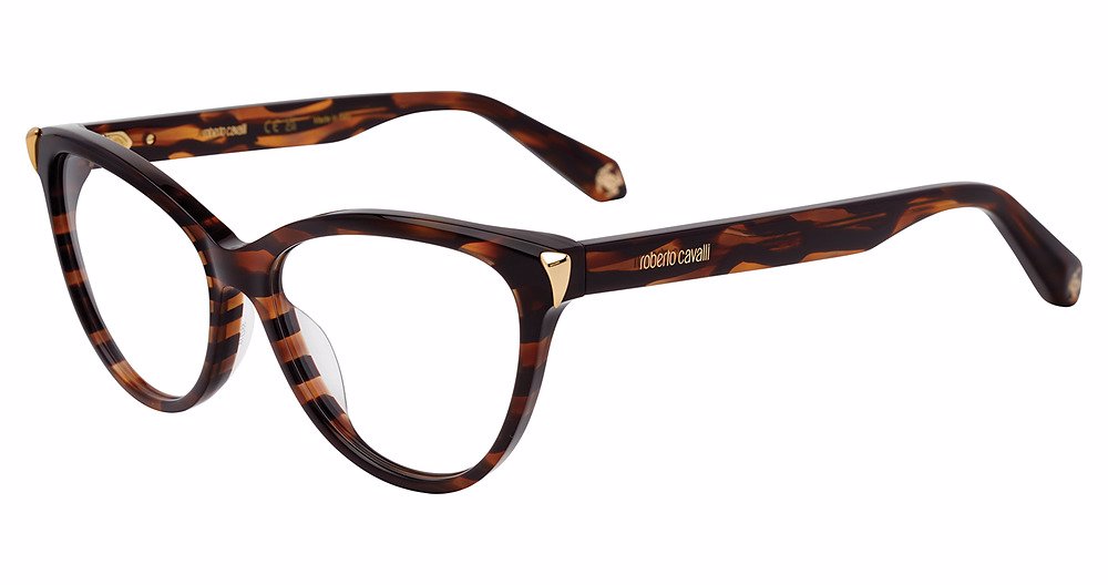 Roberto Cavalli VRC102M women's butterfly eyeglasses in Havana Grad. Brown with striped brown coloring and gold-tone corner accents.

