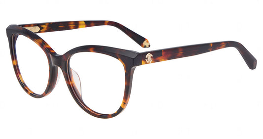 Roberto Cavalli VRC204 women's butterfly plastic full-rim eyeglasses in Havana with an amber-and-brown mottled pattern and gold-tone temple emblems.

