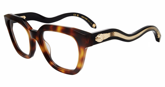 Roberto Cavalli VRC071 women's square plastic eyeglasses in Havana with full rims and gold-tone serpent temple detailing.