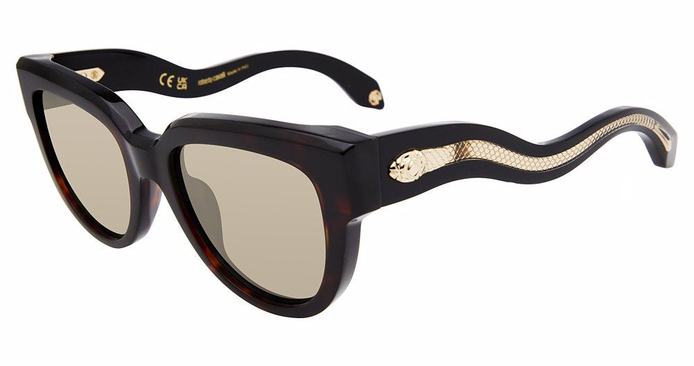 Roberto Cavalli SRC054 women's butterfly plastic sunglasses in Havana with brown-and-amber mottled full rims, pale brown-toned lenses, and gold-toned snake temple accents.

