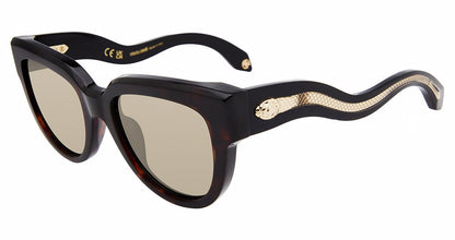 Roberto Cavalli SRC054 women's butterfly plastic sunglasses in Havana with brown-and-amber mottled full rims, pale brown-toned lenses, and gold-toned snake temple accents.

