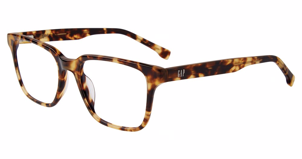 Gap VGP046 men's square full-rim eyeglasses in Havana with amber-and-dark-brown mottling and matching patterned temples.