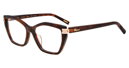 Chopard VCH445S women's geometric plastic eyeglasses in Havana with metallic-tone temple accents.⠋

