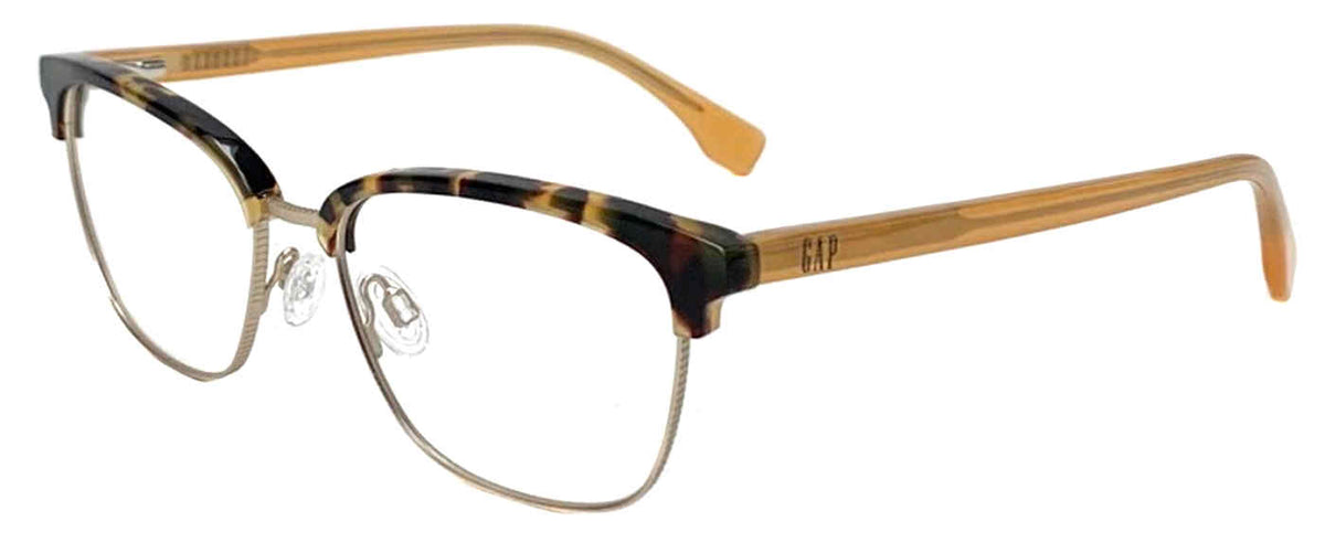 Gap VGP038 women's rectangular plastic eyeglasses in Havana with a patterned browline, slender metallic-tone lower rims, amber-toned temples, and adjustable nose pads.
