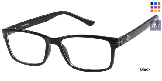 Black:
Harley-Davidson HD0496 Rectangle Eyeglasses in Black — men's full-rim acetate frame with engraved logo temples
