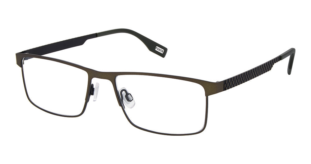 Khaki Black:
EVATIK E-9309 Modified Square Eyeglasses in Khaki Black — men's full stainless steel frame, single bridge, prescription-ready
