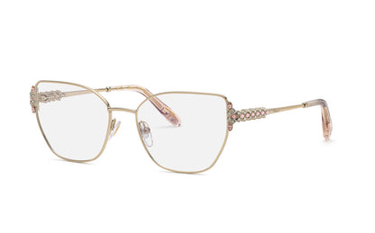 Chopard VCHM17S women's geometric full-rim eyeglasses in Light Gold with ornate temple accents.

