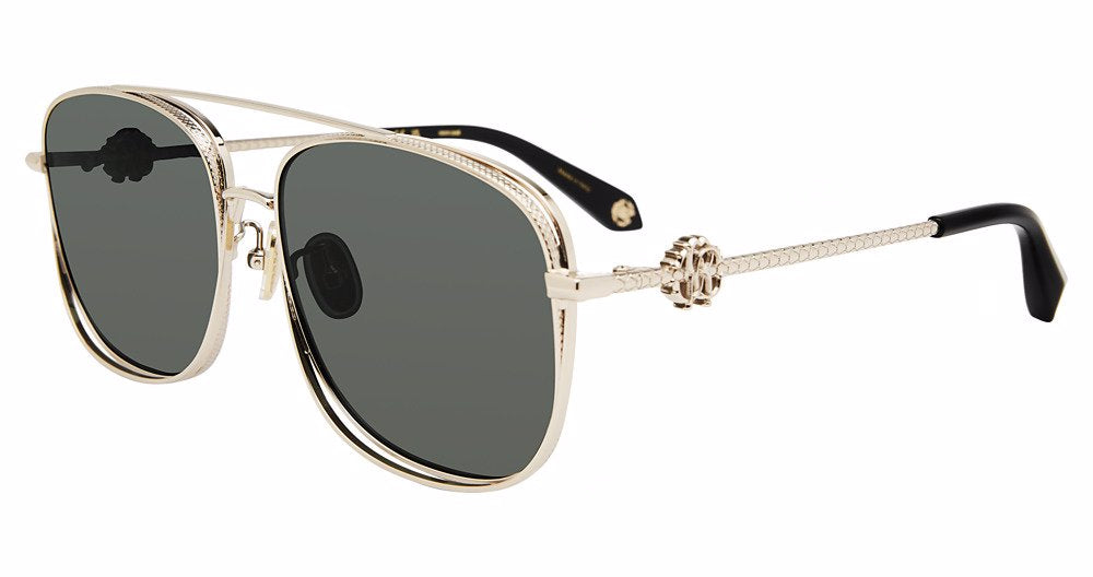 Roberto Cavalli SRC059M women's navigator metal sunglasses in Light Gold with full rims, dark gray-green-looking lenses, textured temples, and dark temple tips.

