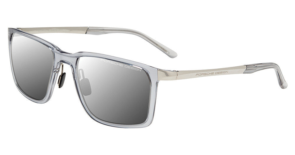 Porsche Design P86002 men's full-rim square sunglasses in Lt Grey Palladium, with a translucent light gray front, gray reflective-looking lenses and silver-tone temples.

