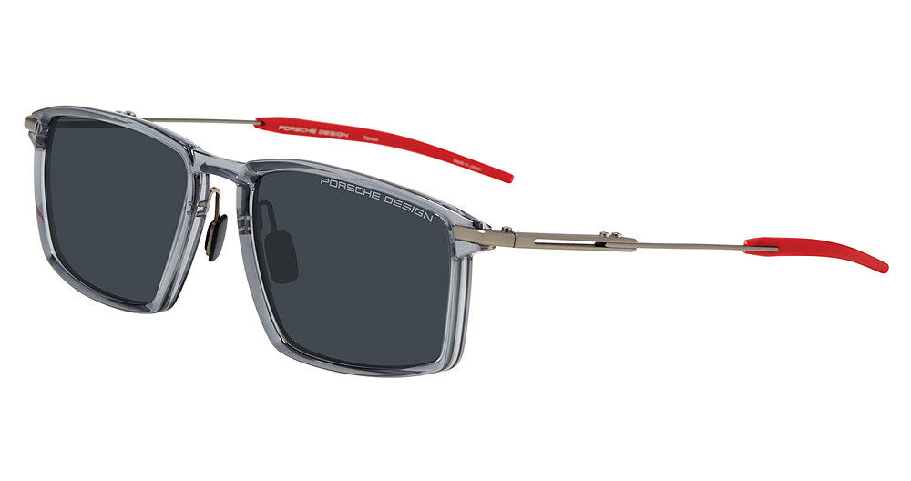 Porsche Design P86006 men's square full-rim sunglasses in Lt Grey Red, with a translucent light gray front, dark lenses and red temple tips.

