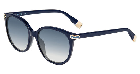 Furla SFUB12 women's pantos plastic sunglasses in Matt Blue Navy with full rims, blue-gray gradient lenses, and gold-toned front and temple-end accents.

