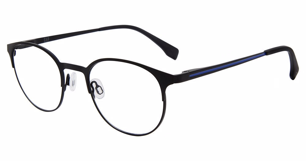 Gap VGP033 men's rounded eyeglasses in Matte Black with a slender full rim, separate nose pads, and a blue-toned temple accent.

