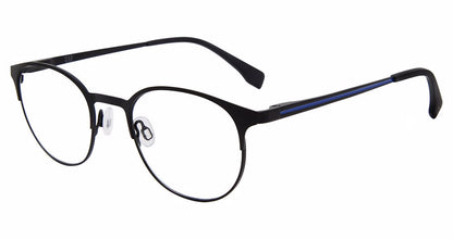 Gap VGP033 men's rounded eyeglasses in Matte Black with a slender full rim, separate nose pads, and a blue-toned temple accent.

