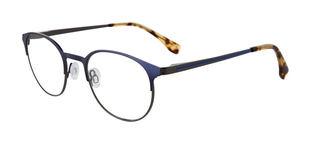 Gap VGP033 men's rounded eyeglasses in Navy with a slender full rim, separate nose pads, and warm patterned temple tips.
