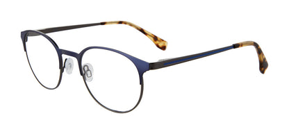 Gap VGP033 men's rounded eyeglasses in Navy with a slender full rim, separate nose pads, and warm patterned temple tips.