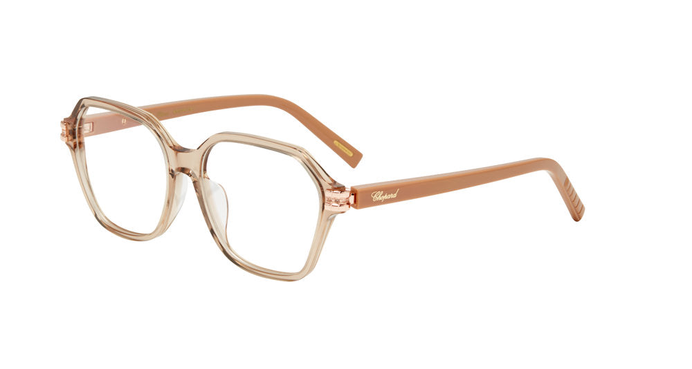 Chopard VCH429S women's square full-rim eyeglasses in Nude Powder with metallic-tone temple accents.

