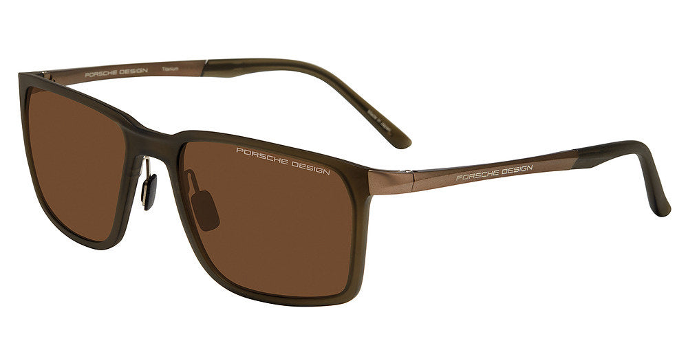Porsche Design P86002 men's full-rim square sunglasses in Olive Brown, with brown lenses and contrasting brown-tone branded temples.

