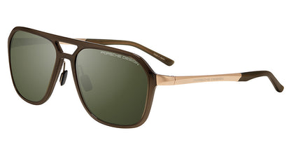 Porsche Design P86003 men's full-rim navigator sunglasses in Olive Gold Brown, with olive-toned lenses, gold-tone temples and dark tips.

