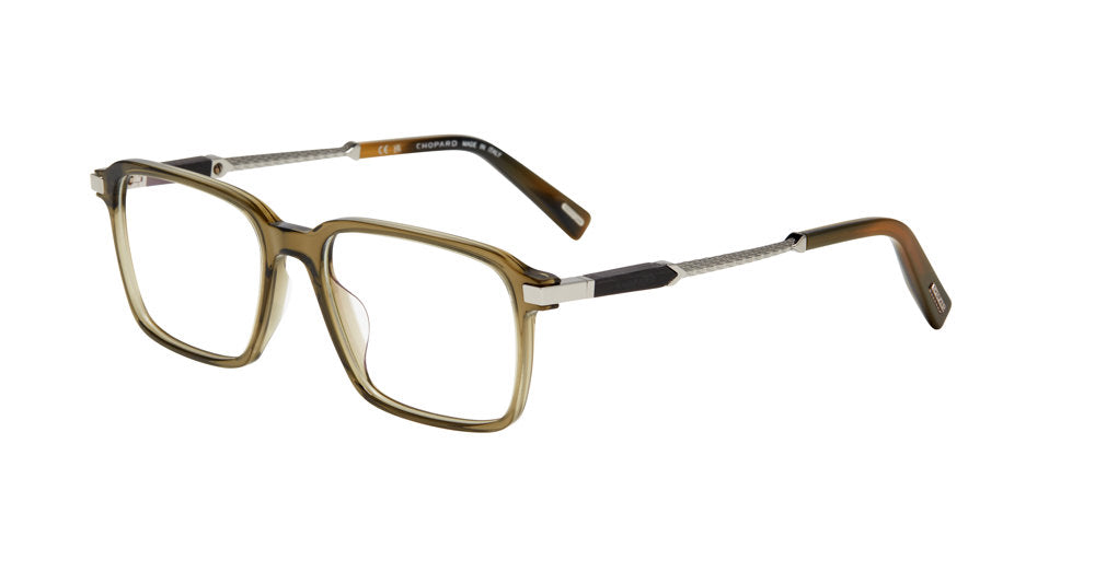 Chopard VCH426 men's square full-rim eyeglasses in Olive Green with textured silver-tone temple detailing.

