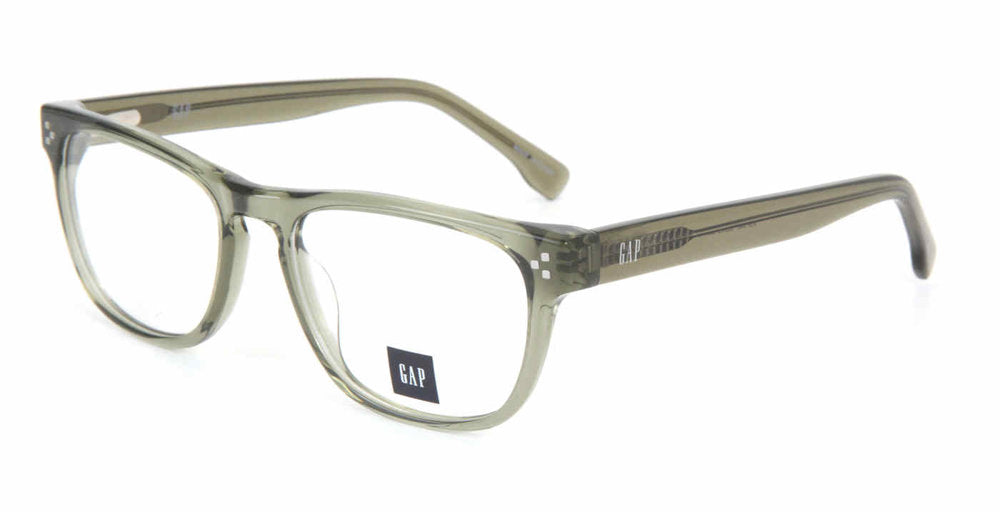 Gap VGP042 men's rectangular plastic eyeglasses in Olive with a translucent full rim, visible internal temple detailing, and small corner accents.