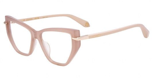 Roberto Cavalli VRC198M women's cat-eye plastic full-rim eyeglasses in Opal Beige with gold-tone side accents and slim branded temples.

