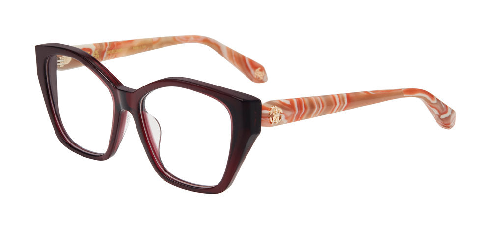 Roberto Cavalli VRC164M women's geometric full-rim eyeglasses in Opal Bordeaux with peach and cream patterned temples and gold-tone emblems.

