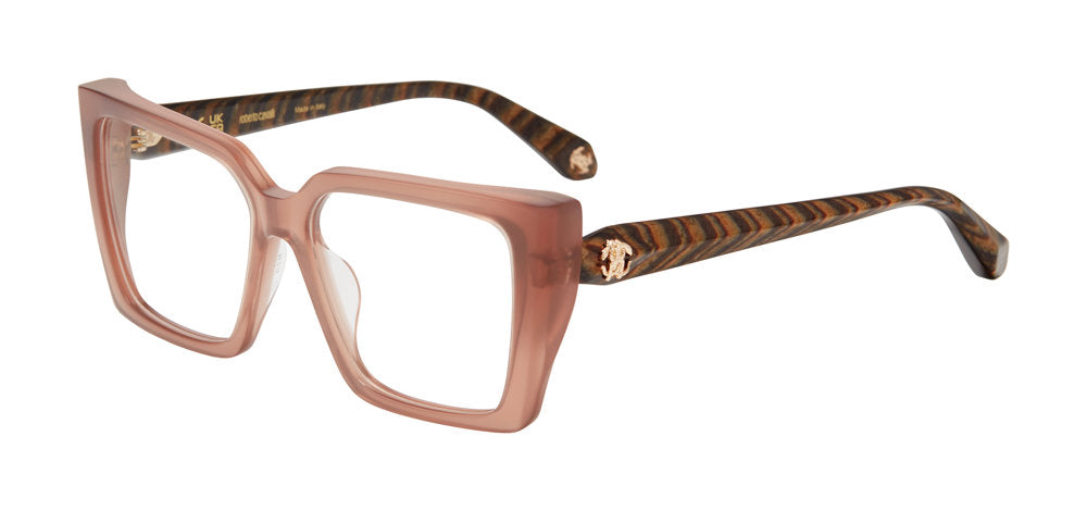 Roberto Cavalli VRC163M women's square full-rim eyeglasses in Opal Brown with dark striped temples and gold-tone emblems.

