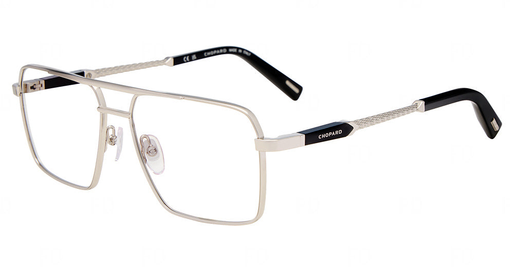 Chopard VCHM87 men's geometric metal eyeglasses in Palladium with a full rim, double bridge, and black temple tips.

