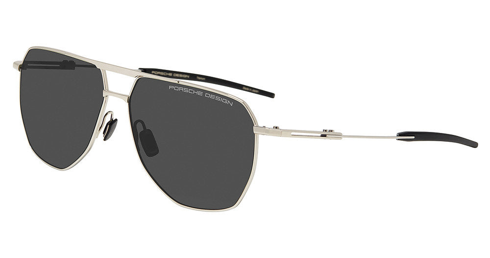 Porsche Design P86005 men's full-rim navigator sunglasses in Palladium Black Grey, with a silver-tone frame, dark gray lenses and black temple tips.

