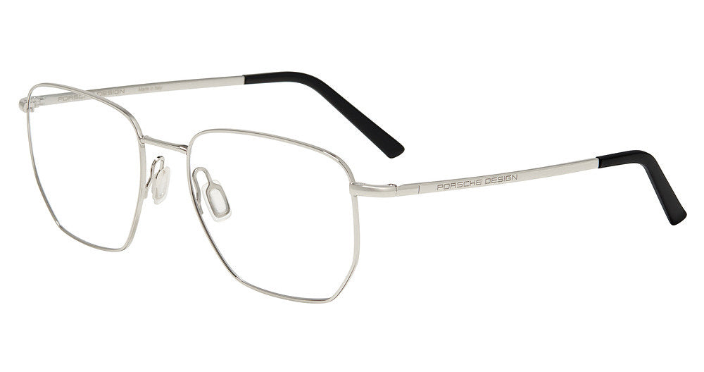Porsche Design P81003 men's geometric full-rim eyeglasses in Palladium Black, with silver-tone rims, angled lower corners and black temple tips.

