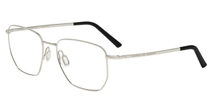 Porsche Design P81003 men's geometric full-rim eyeglasses in Palladium Black, with silver-tone rims, angled lower corners and black temple tips.

