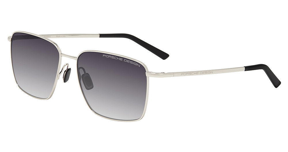 Porsche Design P86001 men's full-rim square sunglasses in Palladium Black, with a silver-tone frame, gray gradient-looking lenses and black temple tips.

