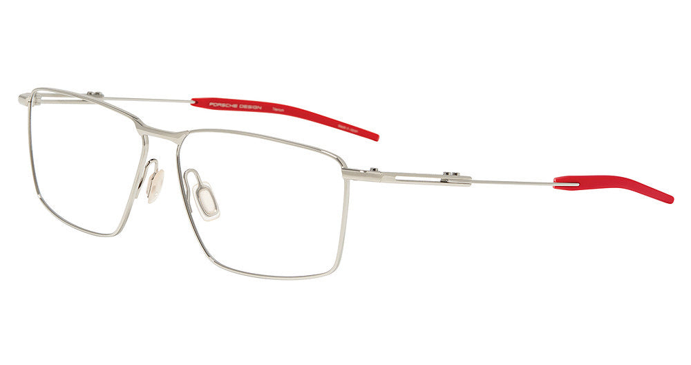 Porsche Design P81007 men's square full-rim eyeglasses in Palladium Red, with thin silver-tone rims and temples, bright red tips and separate nose pads.

