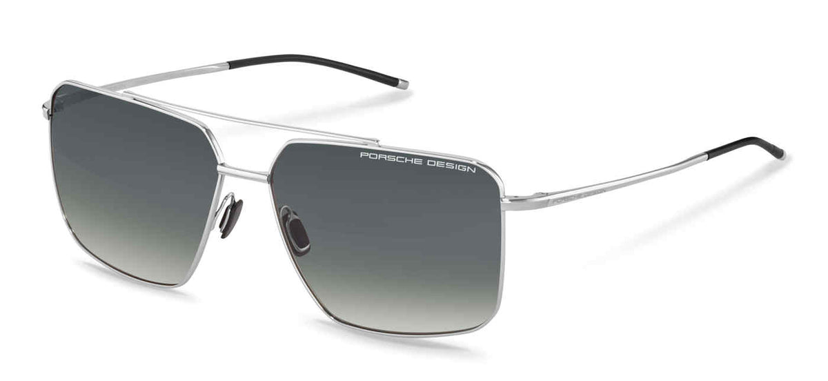 Porsche Design P8936 men's square sunglasses in Palladium with slim silver-tone rims, a double bridge and gray gradient-looking lenses.

