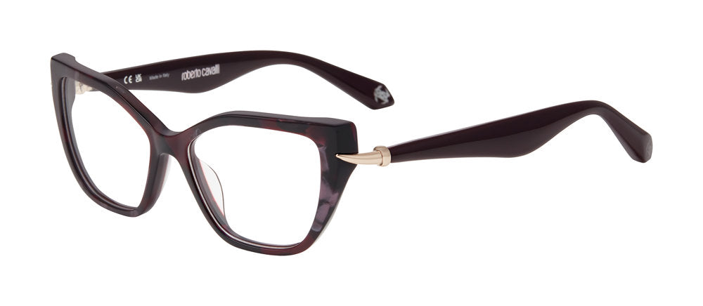 Roberto Cavalli VRC161M women's butterfly full-rim eyeglasses in Pearly Violet with tapered gold-tone side accents.

