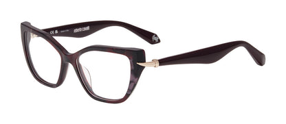 Roberto Cavalli VRC161M women's butterfly full-rim eyeglasses in Pearly Violet with tapered gold-tone side accents.

