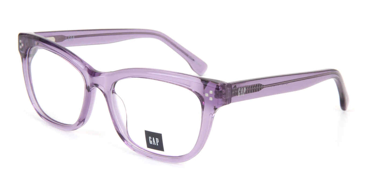Gap VGP045 women's rectangular plastic eyeglasses in Purple with a translucent lavender-toned full rim and small corner accents.