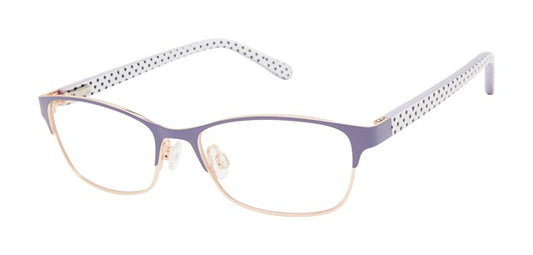 Purple Rose Gold:
Lulu Guinness LK034 Soft Rectangle Eyeglasses in Purple Rose Gold — girls' full metal frame with acetate temples
