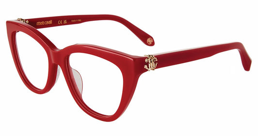 Roberto Cavalli VRC049M women's butterfly full-rim eyeglasses in Red, with gold-tone temple monograms.


