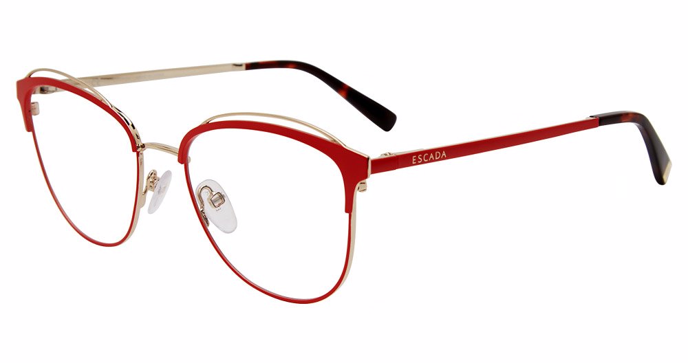 Escada VESD41K women's butterfly full-rim eyeglasses in Rose Gold Red, with a vivid red outline, pale metallic-tone upper accents, slender temples, dark patterned tips and separate nose pads.

