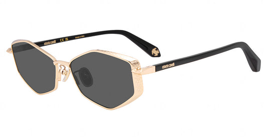 Roberto Cavalli SRC189M women's geometric metal sunglasses in Rose Gold with Black, with dark gray lenses and adjustable nose pads.

