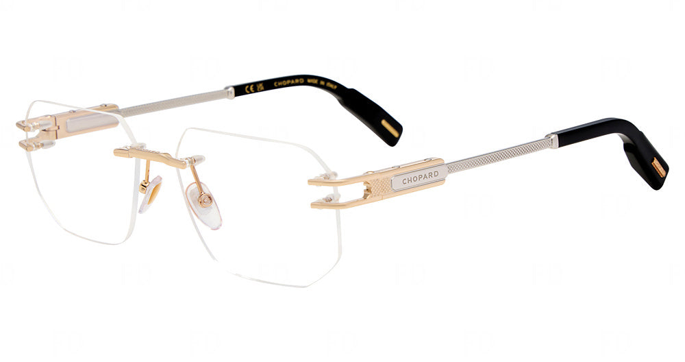 Chopard VCHM86 men's various-form metal rimless eyeglasses in Ruthenium Rose Gold with textured temples and patterned temple tips.

