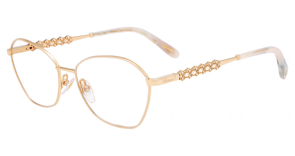 Chopard VCHM96S women's geometric metal eyeglasses in Rose Gold with Pink with a full rim, ornate temple accents, and pale translucent temple tips.

