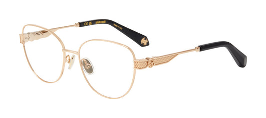 Roberto Cavalli VRC166M women's butterfly full-rim eyeglasses in Rose Gold with Sandblasted finish, textured temple panels and black tips.

