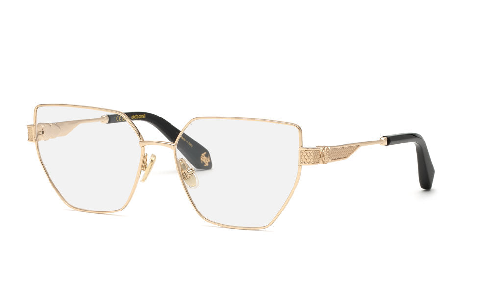 Roberto Cavalli VRC165M women's geometric full-rim eyeglasses in Rose Gold with Sandblasted finish, textured temple details and black tips.

