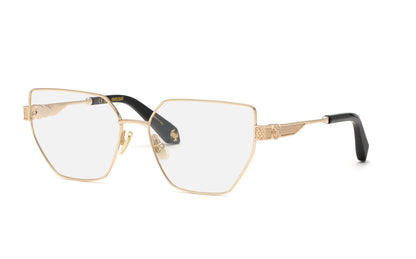 Roberto Cavalli VRC165M women's geometric full-rim eyeglasses in Rose Gold with Sandblasted finish, textured temple details and black tips.

