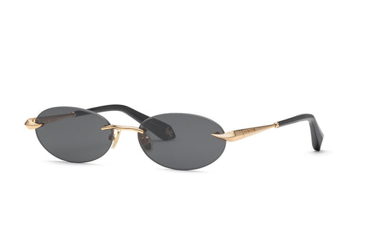Roberto Cavalli SRC152M women’s oval rimless sunglasses in Rose Gold w Smoke — adjustable nose pads.

